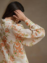 Anewsta Lace Lantern Sleeve Printed Stand Collar Shirt With Single-Breasted Closure